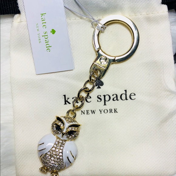 NWT Kate Spade Jeweled Owl Keychain Gold White FOB